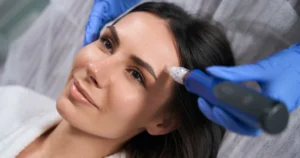Microneedling facial treatment on woman’s forehead at skincare clinic in Madison, AL