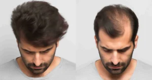 A before-and-after image of a man's head, showing hair loss, highlighting Hair Restoration in Madison, AL.